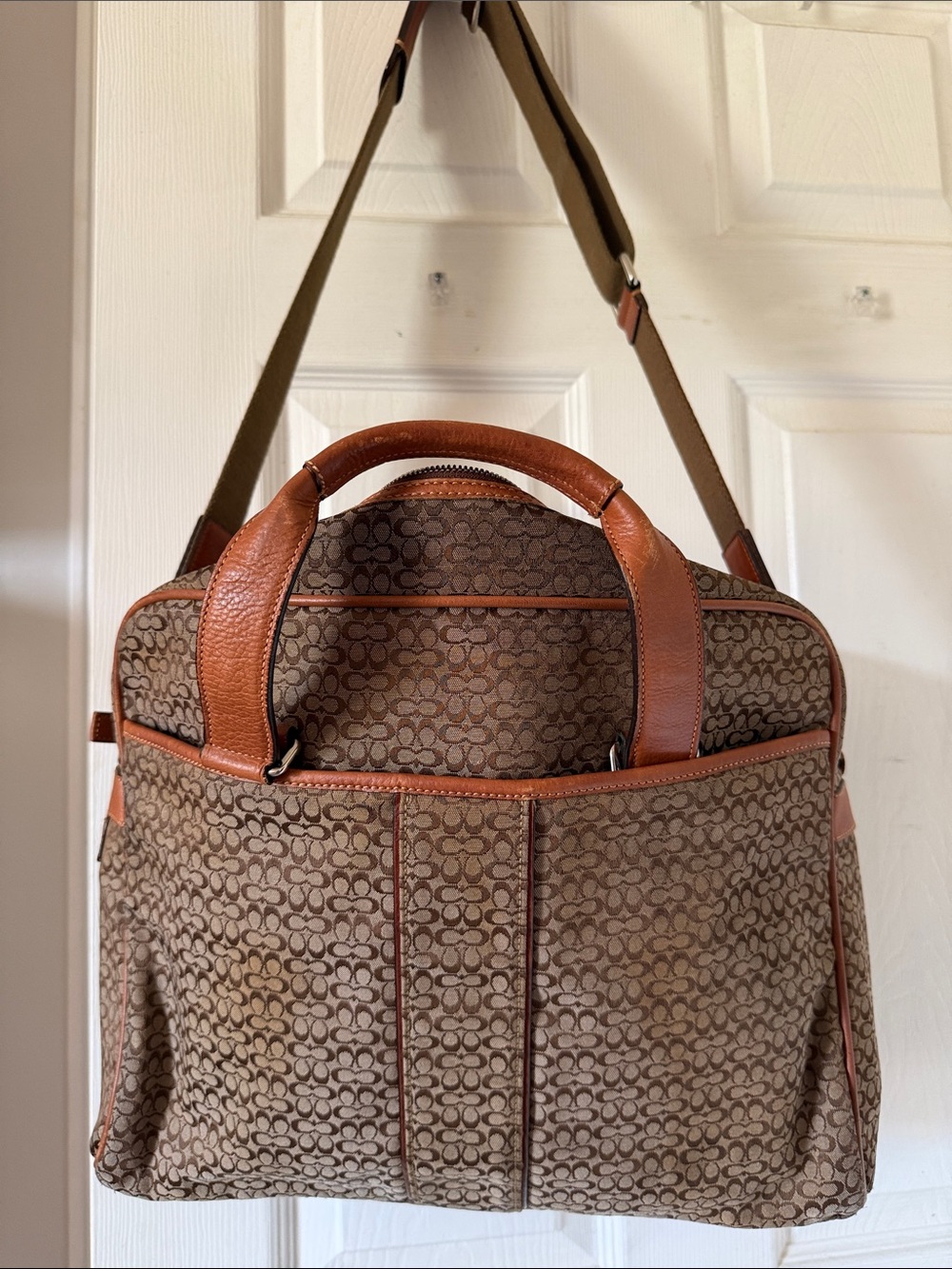 Large Coach Signature Canvas Briefcase with Tan Leather Trim